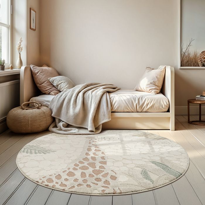 the carpet Jungle Kids – Tapis enfant/jeu chambre facile d’entretien résistant Crème 120 cm Rond D17