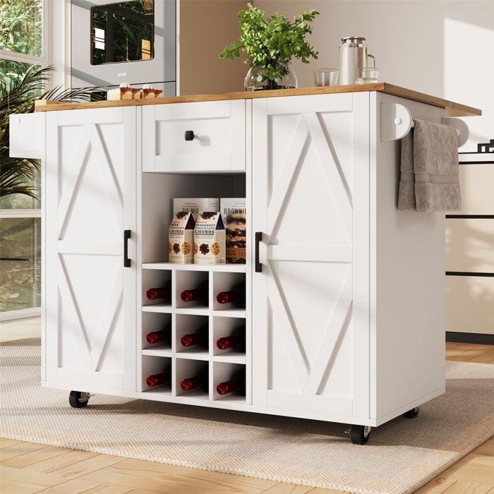 Îlot de cuisine multifonction - Style bois avec rangement fonction buffet table et chariot repas portes ajustables Îlot de cuisine multifonction - Style bois avec rangement fonction buffet table et chariot repas portes ajustables