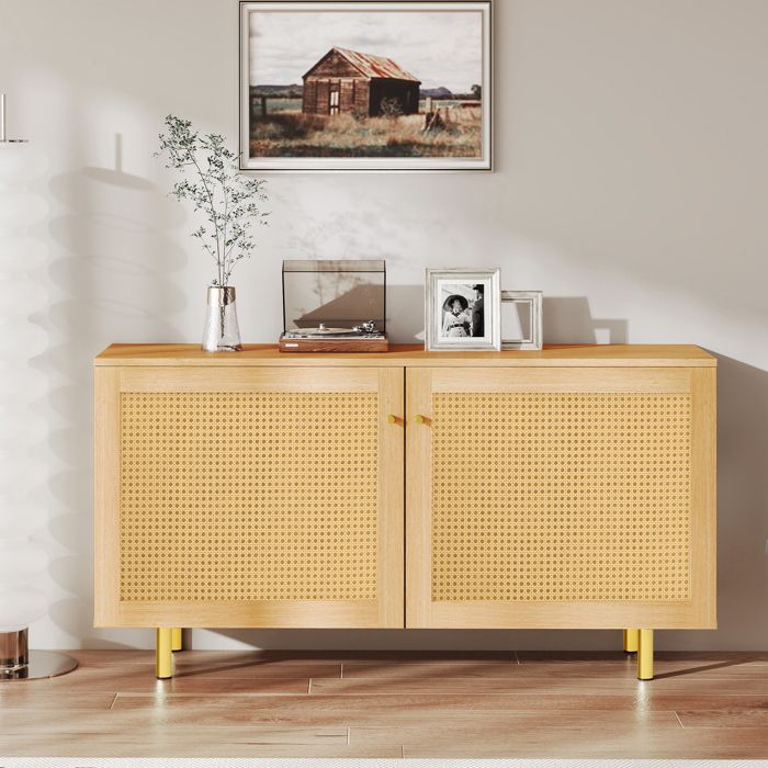 Buffet en rotin Buffet bas de salon 120x40x63 cm Meuble de rangement 2 portes Style campagnard Finition bois