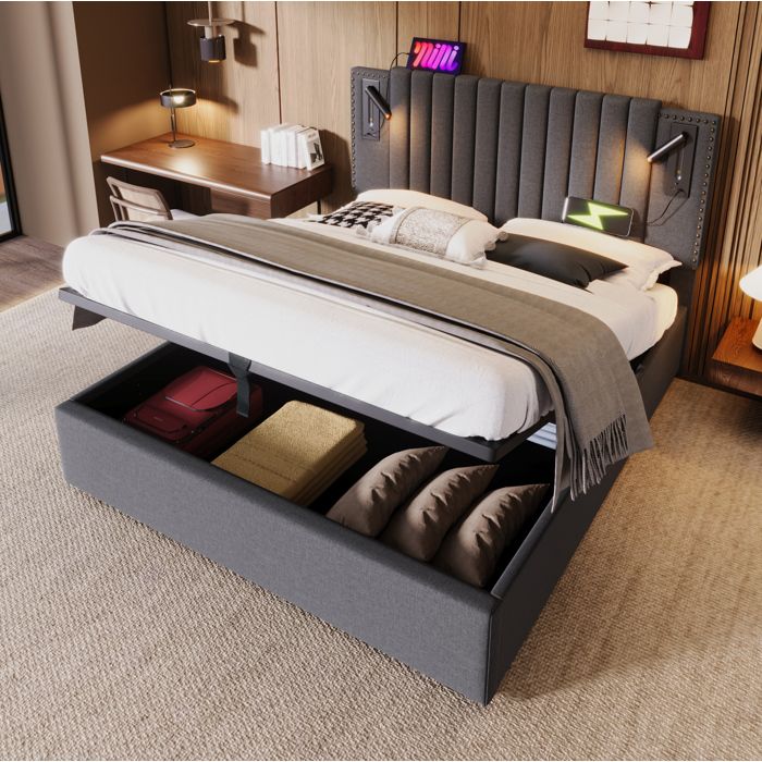 Lit coffre adulte 160x200 cm avec USB Type-C liseuse et coffre de rangement tête réglable coton gris