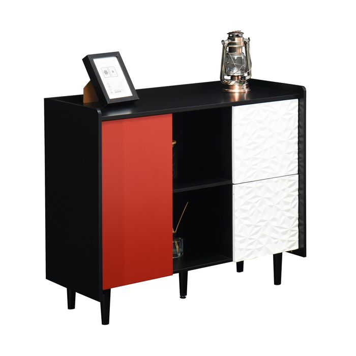 Buffet - Meuble de Rangement 2 Tiroirs et 2 Niches Buffet Moderne avec Portes Rouges MDF - 90x40x80 cm - Noir/Rouge