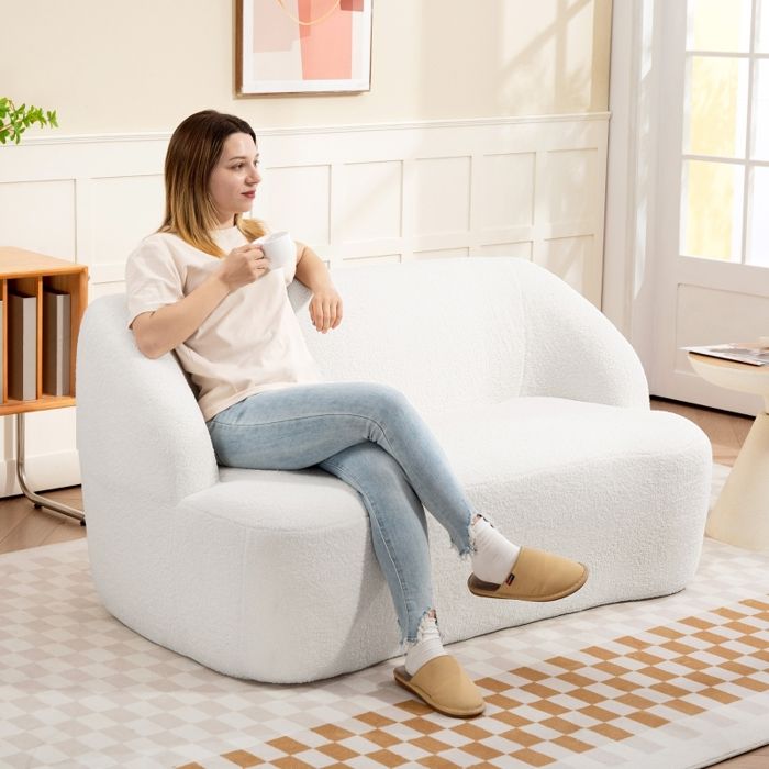 Canapé 2 places design incurvé canapé rembourré avec revêtement polaire Canapé pour salon chambre bureau blanc crème