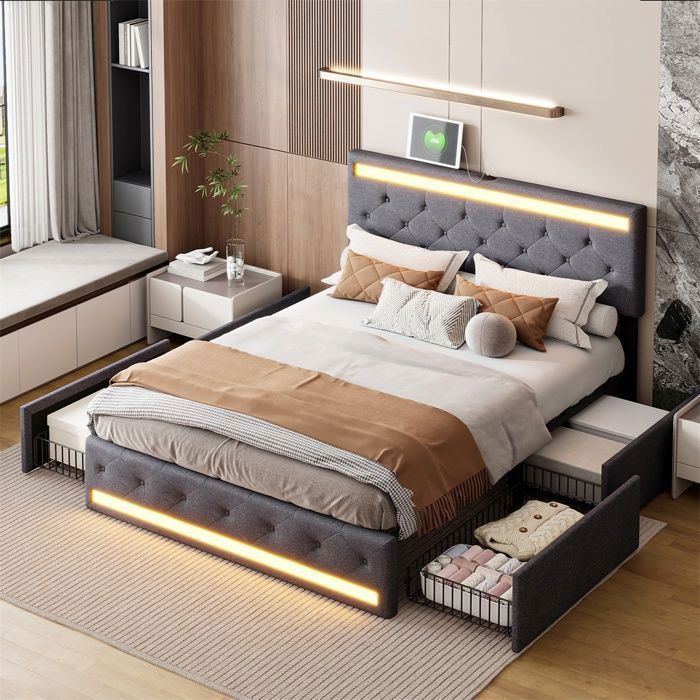 Lit 160x200cm - Lit Double 160x200 - avec 4 Tiroirs LED (Tête et Pied) & Station de Charge (USB/Type-C) - Sans matelas - Gris