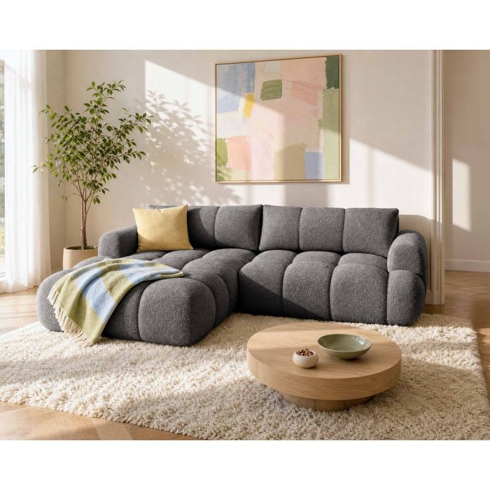 Yulin - Canapé dangle gauche 4 places convertible avec coffre en tissu bouclette - Gris Yulin - Canapé dangle gauche 4 places convertible avec coffre en tissu bouclette - Gris