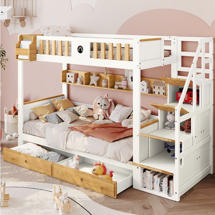 Lit superposé enfant 90x200 cm avec escalier de rangement 2 tiroirs étagères bois et MDF blanc naturel