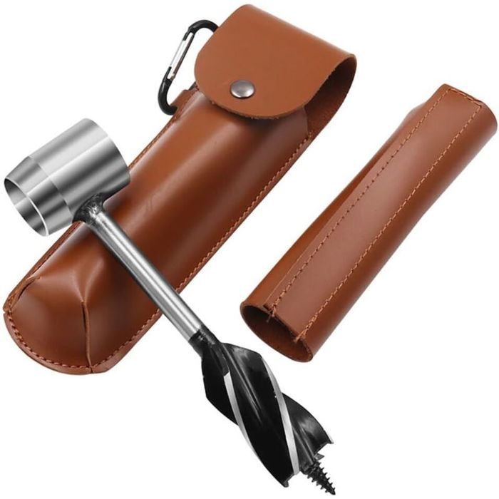 Perceuse manuelle de survie bushcraft avec étui en cuir  outil de perçage manuel pour le bois (marron)