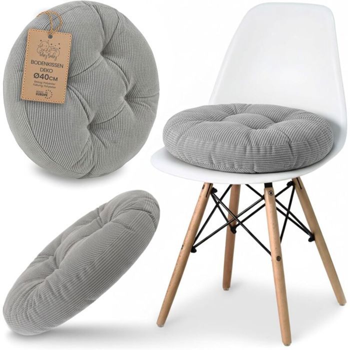 Galette de chaise ronde - DEMA - Velours côtelé gris - Diamètre 40 cm - Lavable en machine - Style scandinave