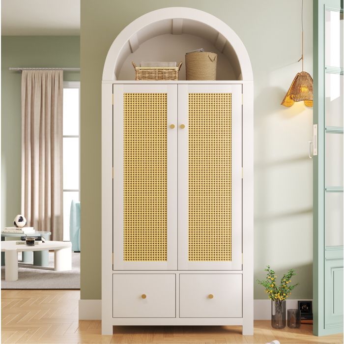 Armoire penderie 78x45x181 cm avec portes à cannage 2 tiroirs penderie et sécurité anti-basculement bois blanc