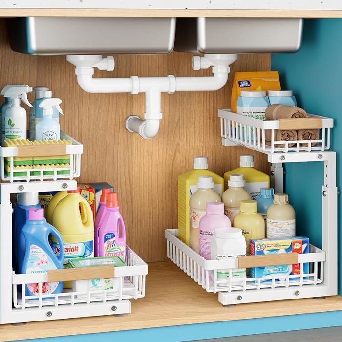 Rangement Sous Evier Métal 2 Packs Rangement Sous Evier Cuisine Robuste Organisateur Sous Evier et Lot 2 Blanc MEUBLE A EPICES