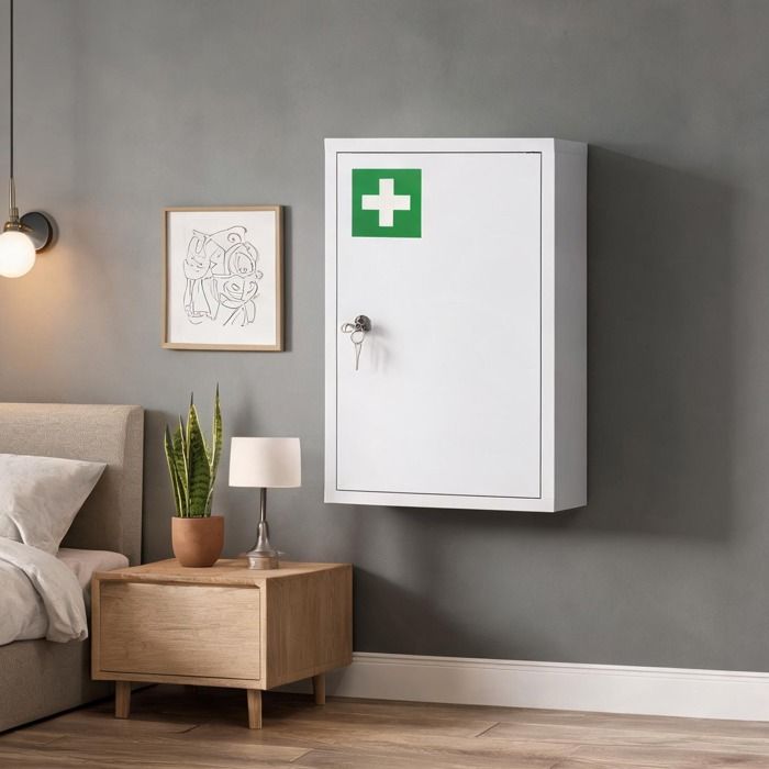 Armoire à pharmacie murale en acier laqué blanc 3 étagères verrouillable 30x14x46 cm