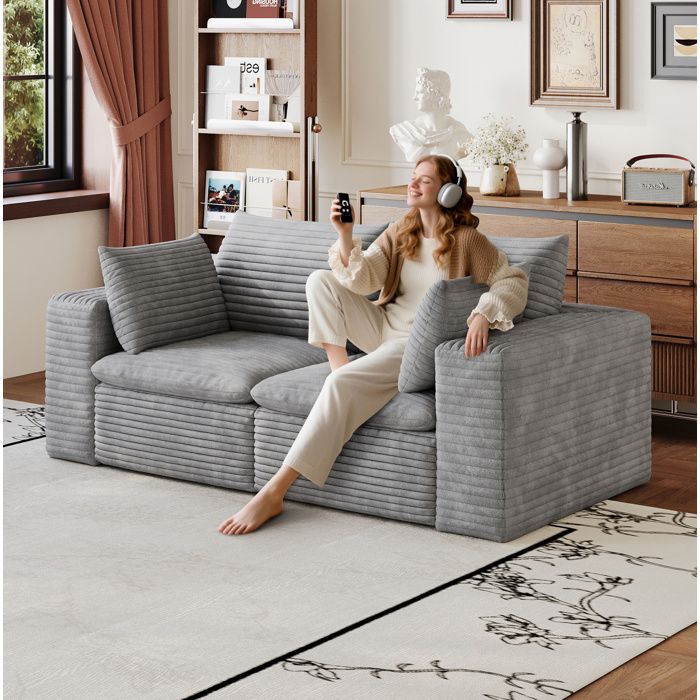 Canapé compressé modulable en tissu corduroy gris 2 places 180 x 90 x 82 cm coussins amovibles sans montage