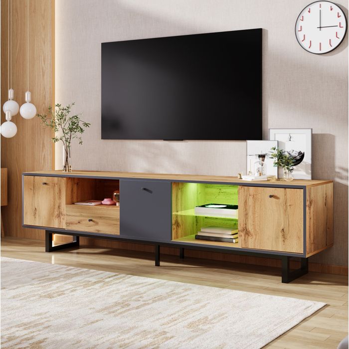 ROVRYN Meuble TV 190 cm avec LED controle par application 3 portes 1 tiroir etagere en verre style industriel