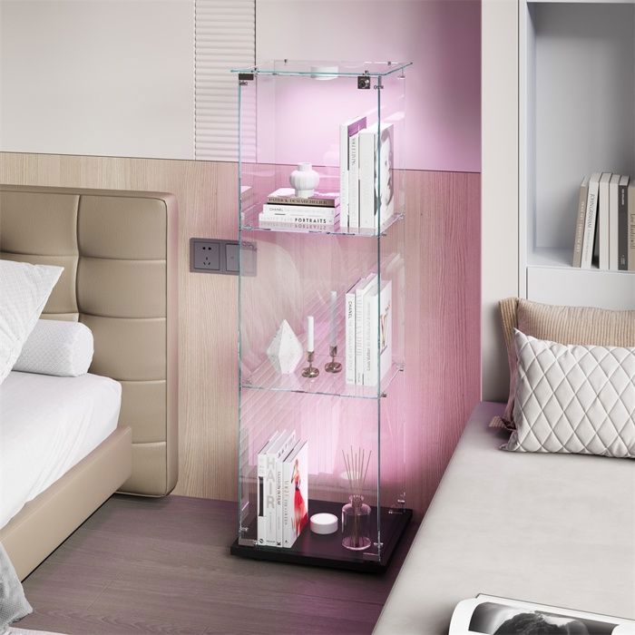 Vitrine dexposition moderne avec éclairage LED - Meuble de présentation en verre à 1 porte et 3 niveaux - base noire