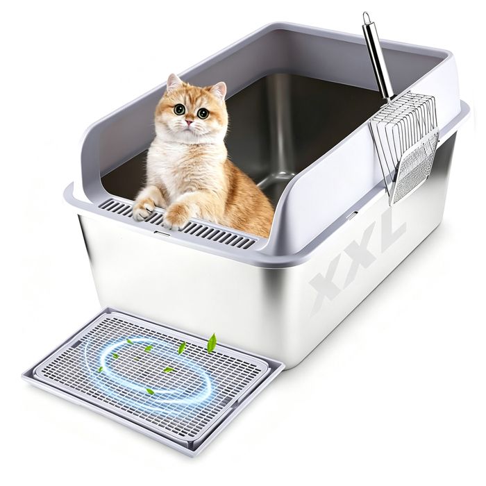 Bac à Litière Chat en Acier Inoxydable Anti-Projection et Anti-Odeur Bac à litière extra-large pour chat Gris Clair