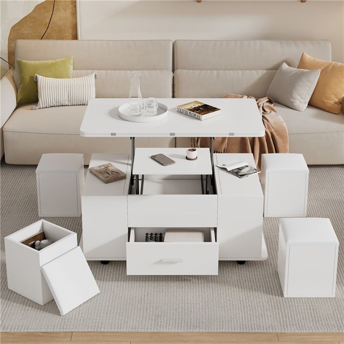 Table basse 4-en-1 réglable en hauteur convertible en table à manger 4 tabourets inclus tiroirs de rangement blanc Table basse 4-en-1 réglable en hauteur convertible en table à manger 4 tabourets inclus tiroirs de rangement blanc