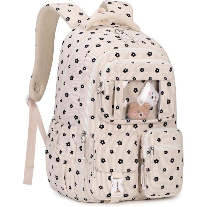 XJYDNCG Cartable Fille Primaire - Motif Fleuri Imperméable Multi - Poches - 47x33x17cm - Beige