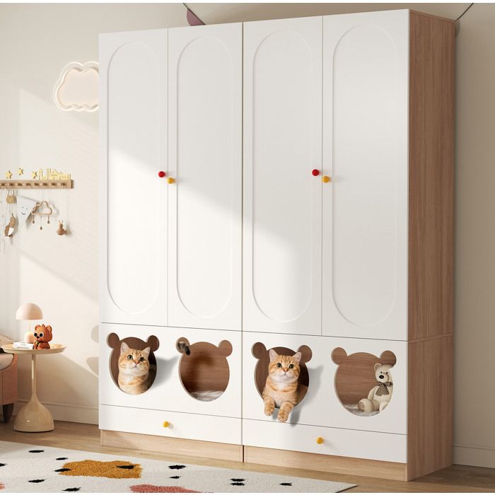 Armoire enfant 2 pièces avec barre de suspension et espace chat 4 portes battantes en MDF pour chambre 80×50×200 cm