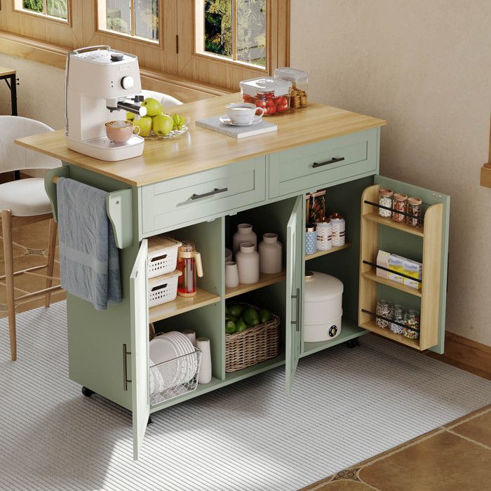 Îlot de Cuisine Mobile Desserte Cuisine avec Plateau Extensible 5 Roues 3 Portes 2 Tiroirs Table à Manger Vert