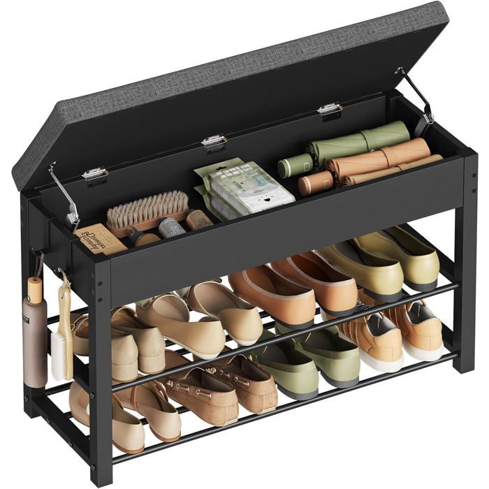 Banc à chaussures avec rangement - WOLTU - 3 en 1 - siège rembourré - 1 compartiment dissimulé - 2 étagères - Noir