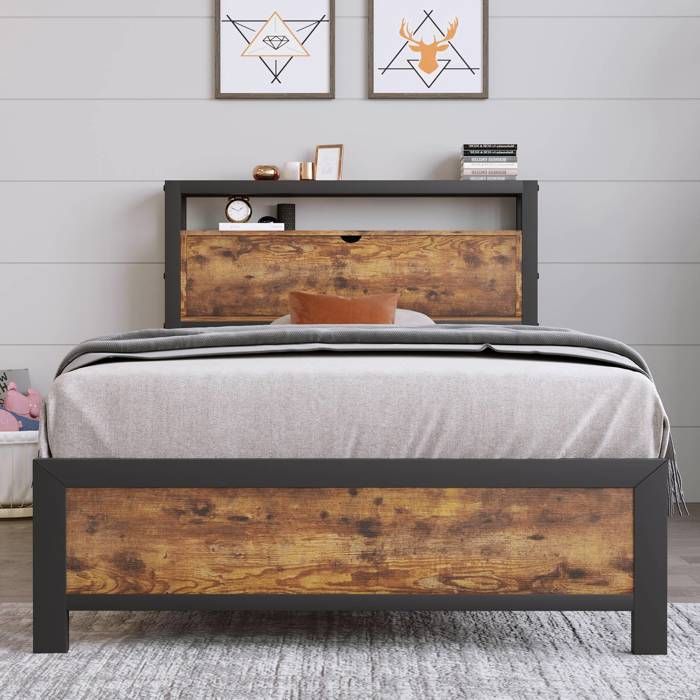 Lit simple 90 x 200 cm avec tête de lit de rangement cadre en métal noir style industriel pour chambre enfant ado ou adulte