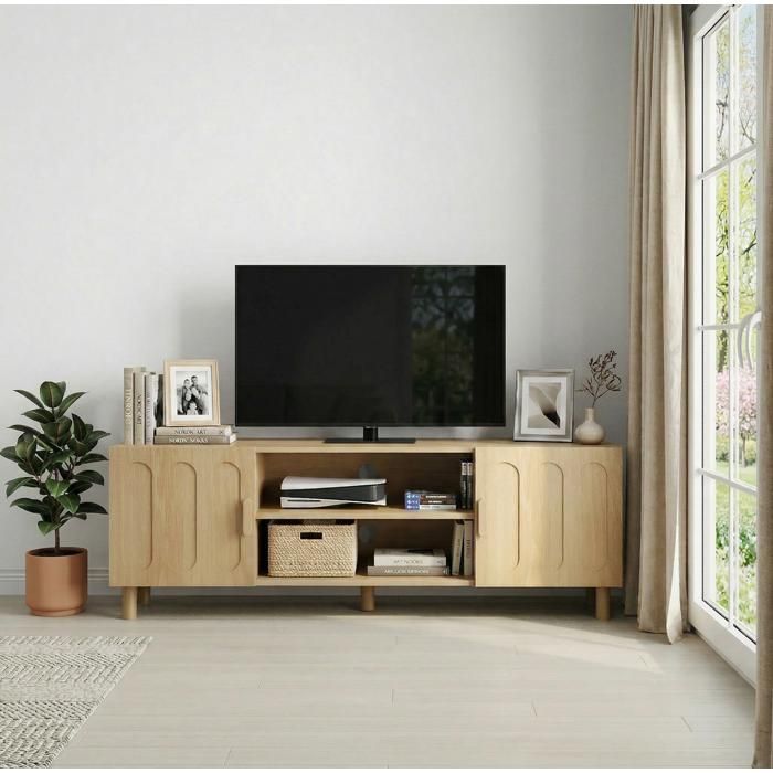 Meuble TV VUENOR 140 cm chêne 4 portes et niches ouvertes sans matelas