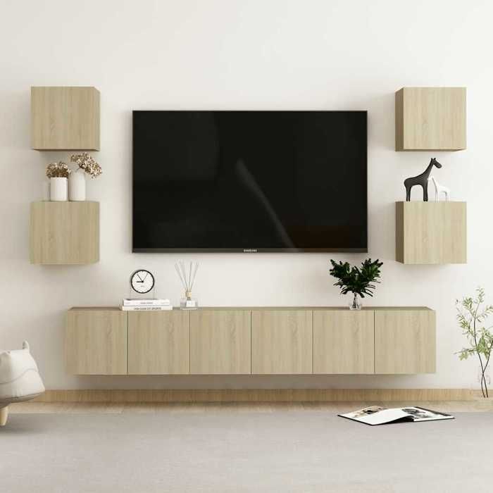 Ensemble Armoires-HIFI (Lot de 7) - Meuble TV suspendu - Grande espace - Chêne sonoma Bois dingénierie(3 parcel) T6084
