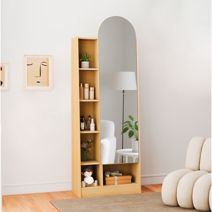 Meuble à chaussures miroir pleine longueur avec rangement et étagères réglables 60x28x165 cm bois naturel JOINERY