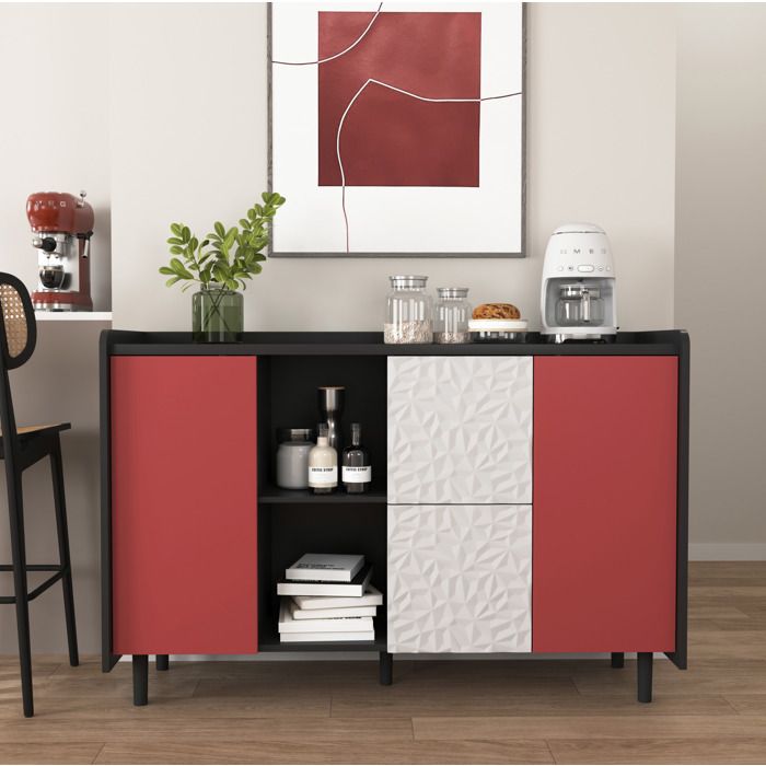 Buffet Bahut Enfilade 2 Tiroirs 2 Compartiments Ouverts et 1 Placard Fermé - MODENVIE - Noir et rouge MDF Salon