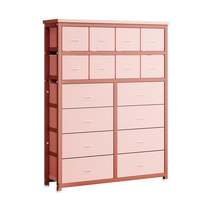 Commode 16 tiroirs - Rangement organisateur - Structure métal plateau bois - Rose MDF PB tissu - Enfants entrée chambre