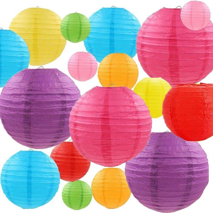 Lot de 24 lanternes papier chinoises multicolores en tailles 25/20/15/10 cm pour mariage et anniversaire