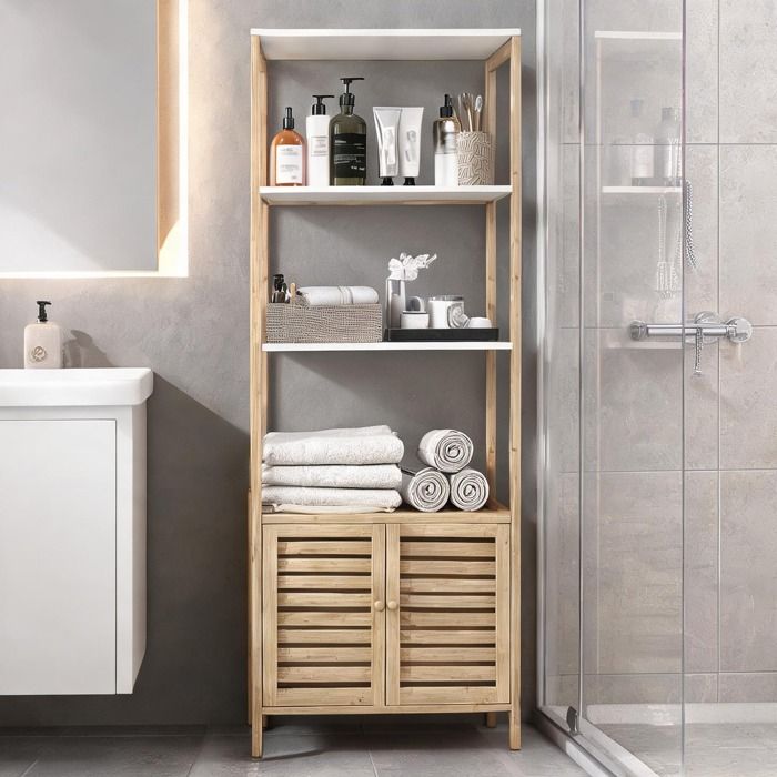 Meuble Bas De Salle De Bain Commode De Salle De Bain Semenier De Salle De Bain en Bambou Bois naturel et blanc 63 x 30 x 138 cm