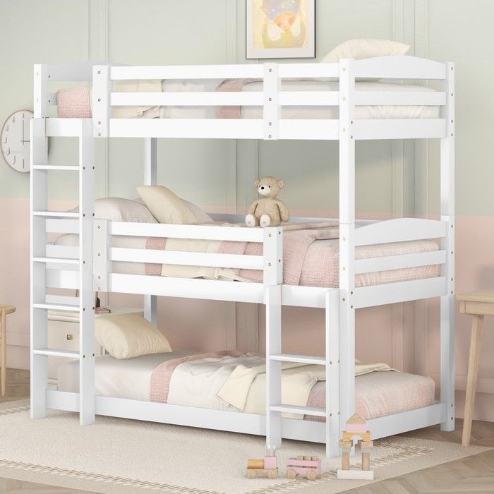 Lit superposé- Xylo- en bois 3 étages pour enfants sans matelas 90x200cm Blanc- 90x200cm