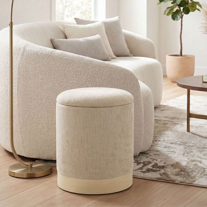 Pouf coffre rangement tabouret rond en chenille pouf repose-pieds avec base en métal effet bois beige