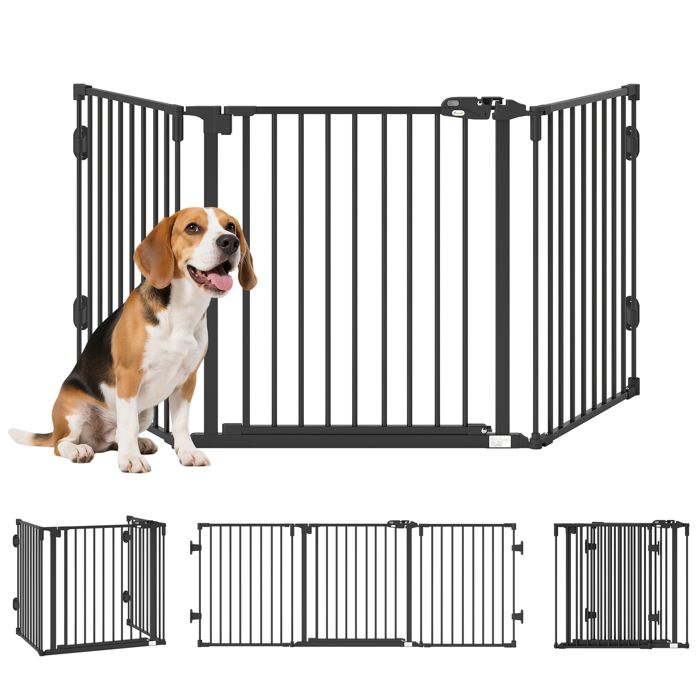 Barriere de securite chien pliable avec porte en acier 3 panneaux modulable fermeture automatique 2025 x 2 x 76 cm noir
