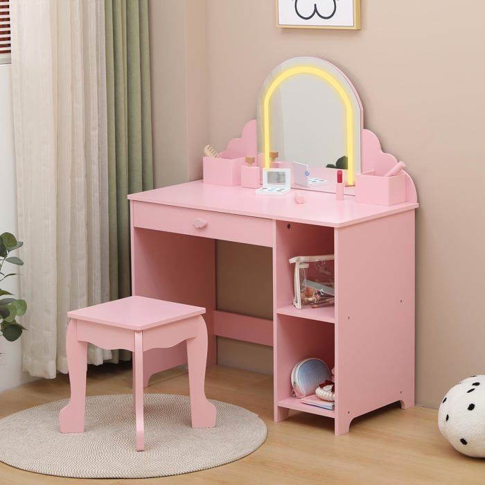 JOLLYTOP Coiffeuse enfant avec miroir LED – Table de maquillage et bureau multifonction – Rose (avec accessoires)