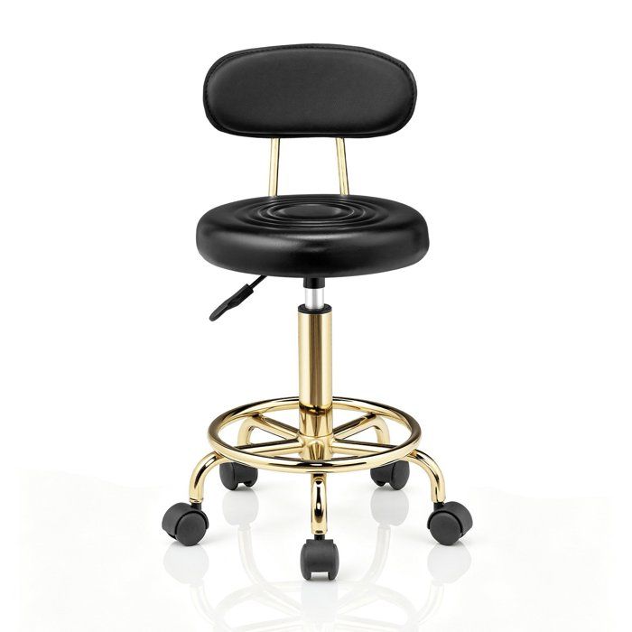 Tabouret roulettes avec Dossier - VINGLI - Tabouret de Bureau Rotation à 360° - Hauteur Réglable 69-84 cm - PU - Noir et Or