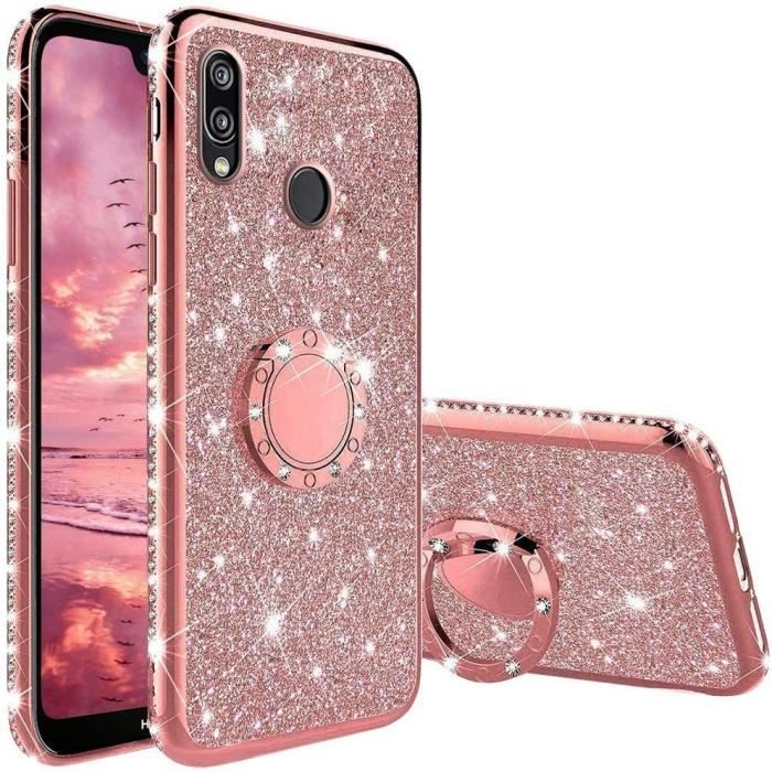 Coque IPhone Avec Anneau Support Et Strass - Motif Floral Glitter Noir - Modèles 7 Plus à XS Max