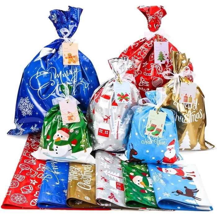 styles assortis Veylin Lot de 30 sacs cadeaux de Noël en plastique avec 30 étiquettes de cadeau de Noël 