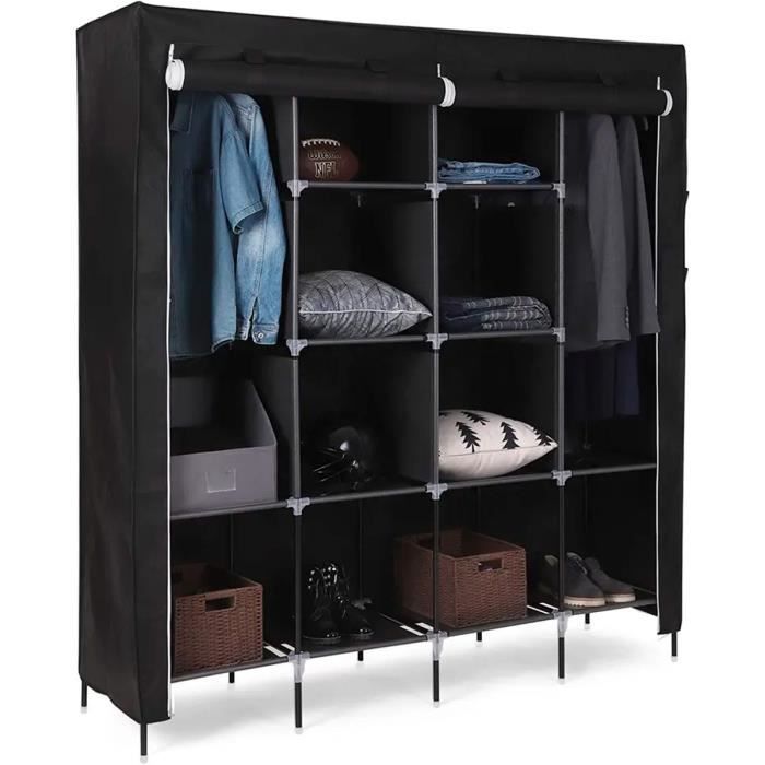 armoire dressing en tissu avec portes zippées et poches latérales nyana home mesure 170x167x45cm noir