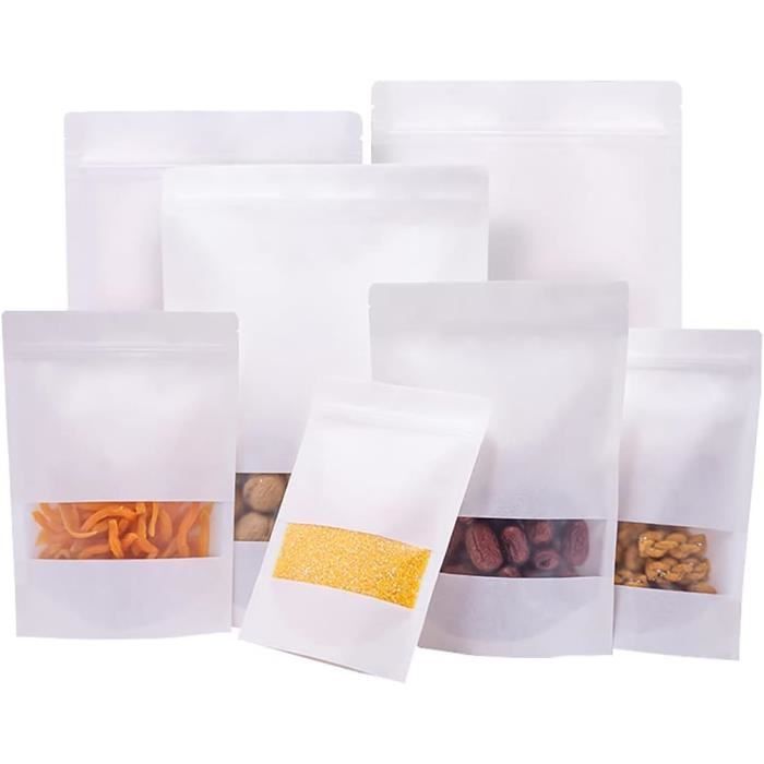 Lot De 25 Sachets Kraft Alimentaires Réutilisables 20x30cm - Avec Fenêtre Transparente Et Fermeture Zip, Pour Café, Snacks, épices...