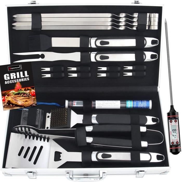 Kit Barbecue Homme En Boîte Bois - Spatule 3 En 1 Et Brosse En Inox - Cadeau Fête Des Pères, Anniversaire - Accessoires Qualité Professionnelle