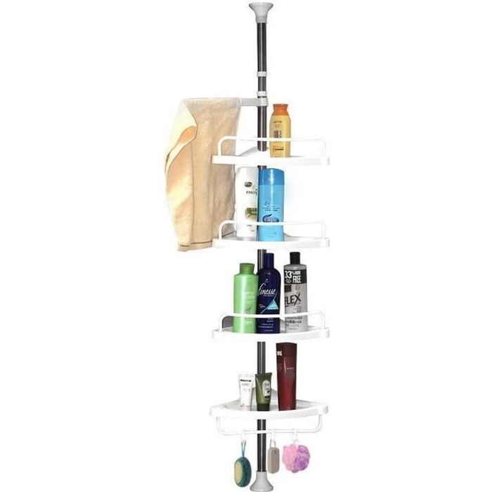 etagère de douche télescopique en acier inoxydable shampooing savon porte salle de bain d’angle à 4 étages (95cm -300cm)
