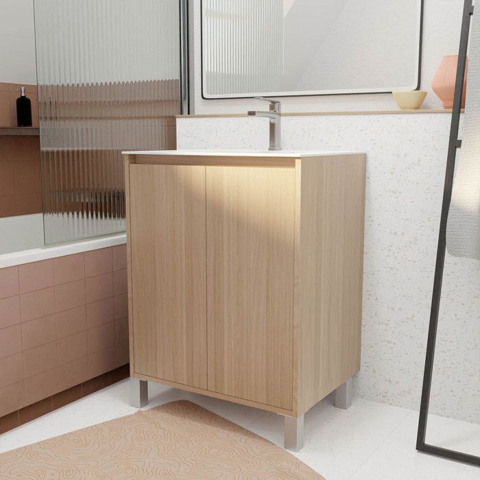 Pack Meuble Salle de Bains 60 cm Chêne Clair 2 portes avec Vasque Céramique - XENOS