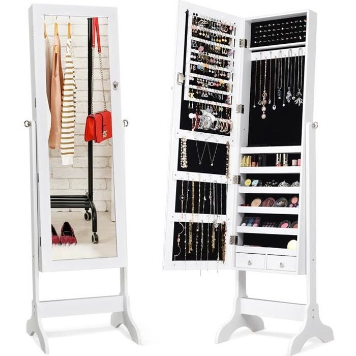 COSTWAY Armoire à Bijoux sur Pied avec Miroir Pivotante à 4 Niveaux avec 8 Étagères Rangement pour Bijoux et Cosmétiques Blanche