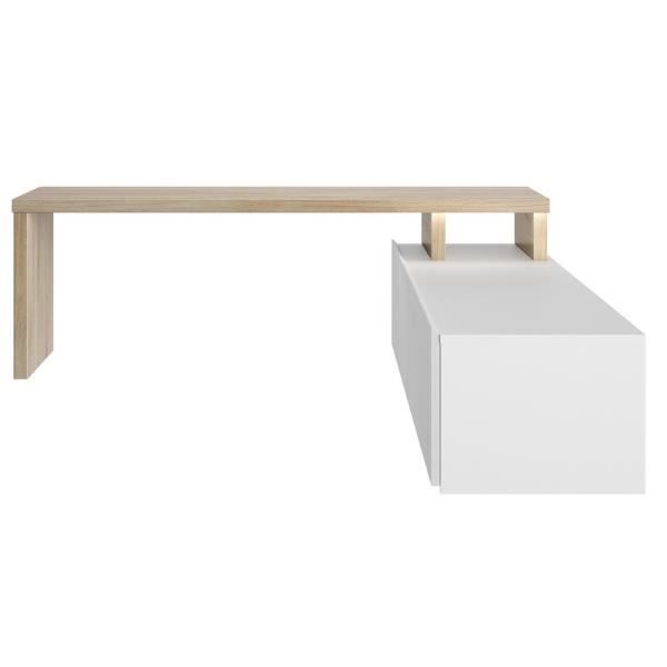 Meuble TV en aggloméré dont une partie est laquée en blanc et lautre en décor de chêne. Meuble TV en aggloméré dont une partie est laquée en blanc et lautre en décor de chêne.