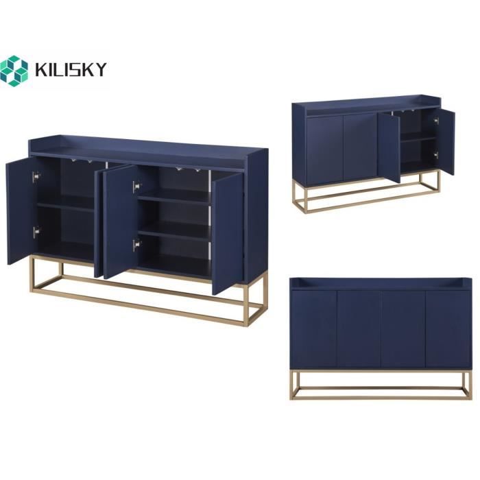 Buffet bahut- Décor Bleu Marine- 4 portes + 5 Étagères - 120 × 30 × 80 cm - Style contemporain - Grands comptoirs