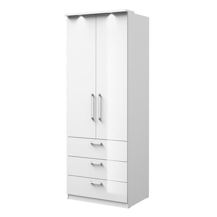 Armoire dressing 2 portes 3 tiroirs MODULO blanc LED étagères incluses