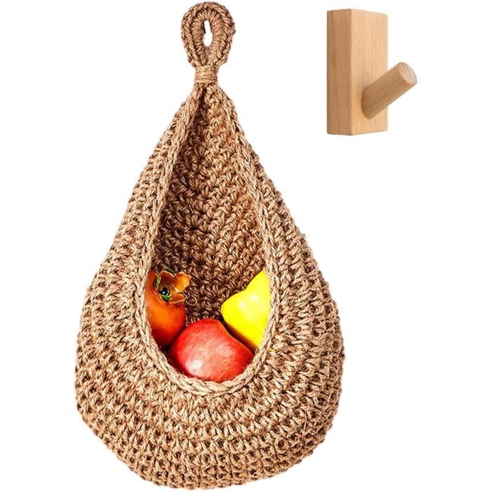 Panier Suspendu En Coton Tissé Main - Dimensions 25x31 Cm, Design Ajouré Pour Fruits Et Légumes - Décoration Murale Cuisine Ou Salon