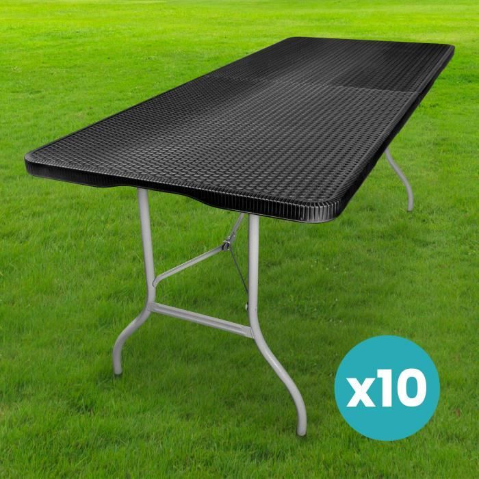 table pliante effet rotin - lot de 10 - l180 x l74 x h74cm - noir en hdpe