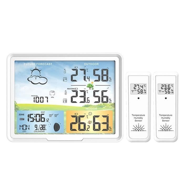 SODIAL sans Fil Station de Thermomètre Météorologique Horloge Quotidienne Calendrier de Prévision pour Les Compteurs DHumidité Intérieurs et Extérieurs 